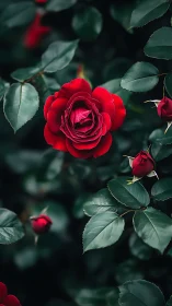 Red rose in full bloom surrounded by green foliage.