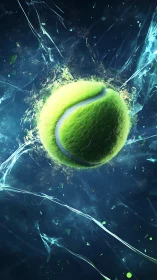 Tennis ball shatters through icy blue energy in midair