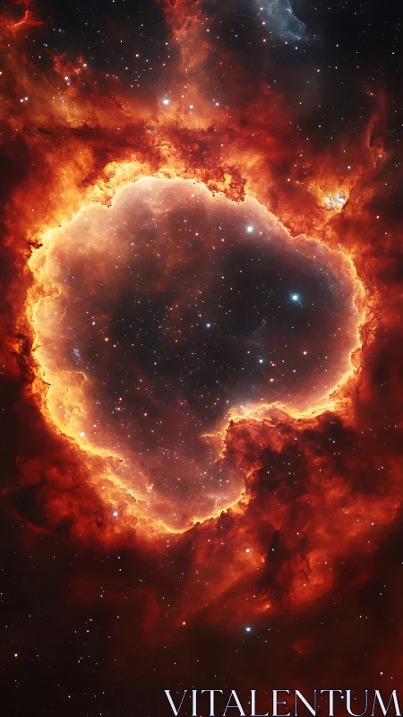 Fiery cosmic nebula frames a glowing void in deep space.