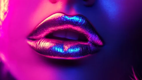 Neon-kissed metallic lips glowing in electric night light.