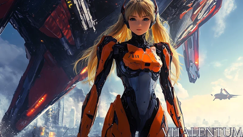 Female mecha pilot in orange exosuit before carrier craft