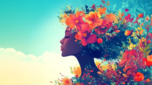 Floral silhouette profile merges portraiture with vivid chroma gradients