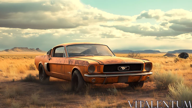 Rusty classic Mustang rests in golden desert grassland