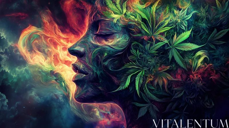 Luminous dreamer woven with leaves, fire, and swirling night.