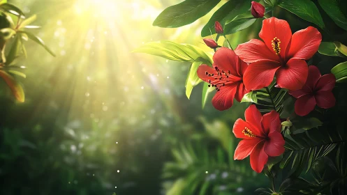 Crimson Hibiscus Dance in Golden Sunlight.