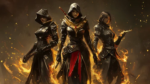 Hooded warrior trio framed by infernal flames in digital chiaroscuro
