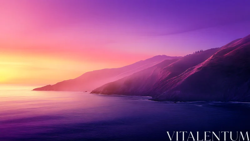 Coastal mountain range under gradient sunset sky period.