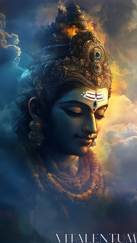 Divine blue-toned deity portrait with ornate golden crown.