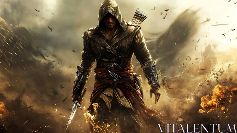 Hooded rogue advances through explosive battlefield storm.