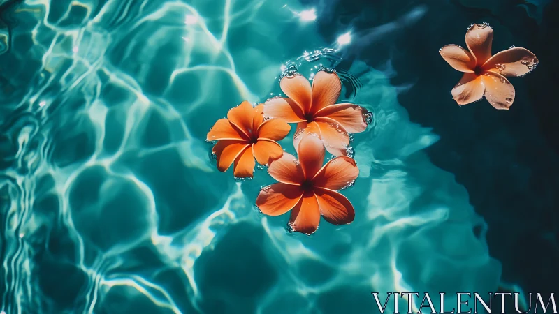 Floating Orange Plumerias Suspended in Turquoise Water with Dynamic Light Patterns.