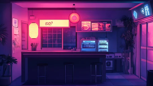 Neon-lit late night ramen bar rendered in cinematic digital art