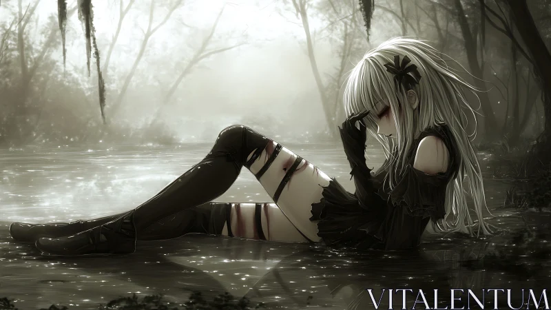 Solitary anime figure reclining in shallow reflective water.