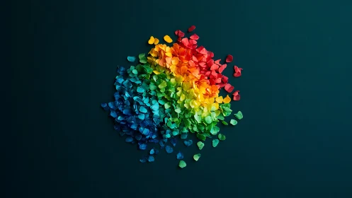 Rainbow petal cluster on dark teal negative space background.