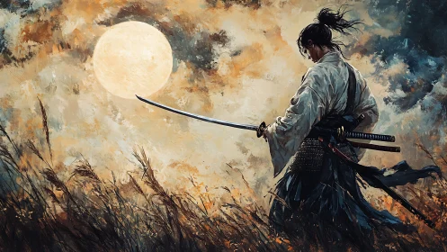 Samurai stands in tall grass holding katana under large moon
