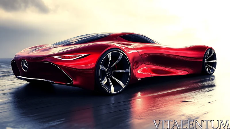 Sleek red concept supercar glides forward in glowing light