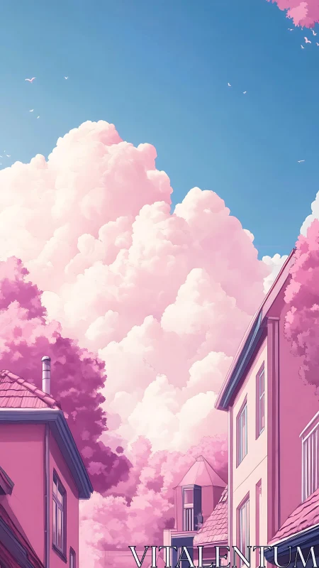 Pastel suburban street under towering pink cumulonimbus clouds