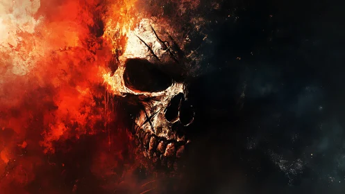 Burning skull materializes through infernal smoke and shadow.