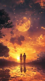 Silhouetted couple walks toward blazing sunset and moonlit sky