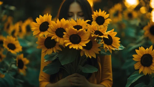 Photorealistic portrait of woman immersed in sunflower bouquet.