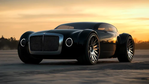 Futuristic black luxury coupe concept at sunset on road.