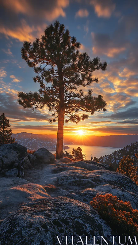 Sunlit pine tree welcoming dawn over glowing mountain lake.