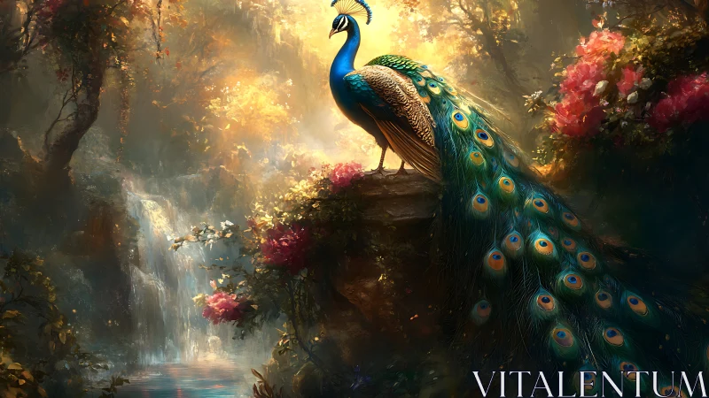 Peacock overlooks luminous forest waterfall in golden dawn.