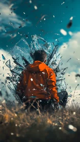 Solitary figure shatters glass portal under dramatic sky