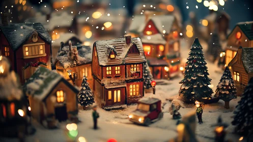 Miniature snow-covered Christmas village with warm bokeh.