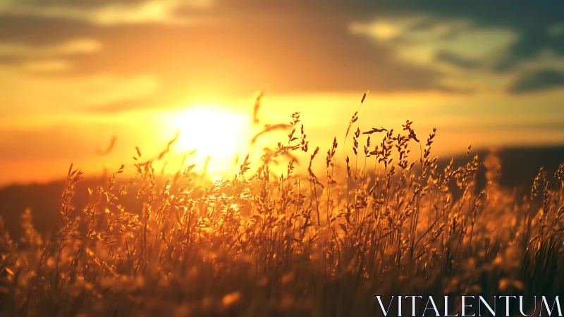 Golden sunset light over tall grass in an open field.