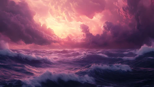 Vivid pink storm clouds above turbulent digital seascape.
