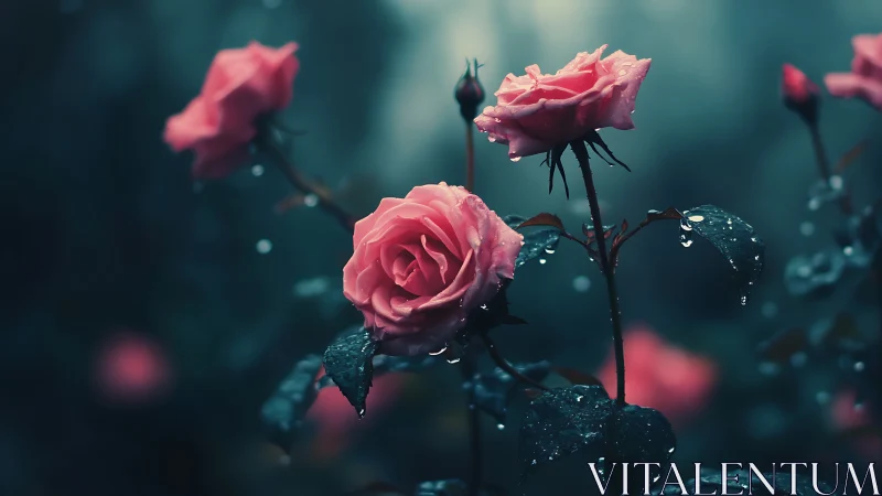 Pink roses with water droplets against teal background.