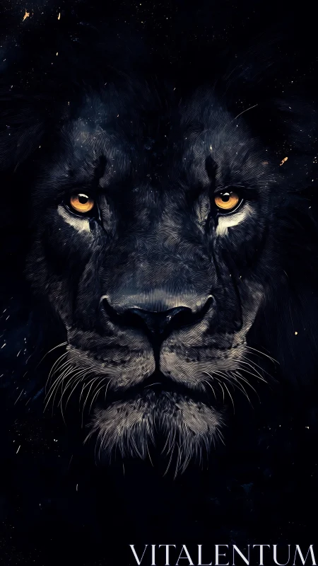Midnight lion portrait with glowing amber eyes