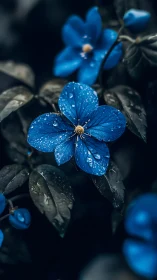 Cerulean bloom with dewdrops in selective focus composition.