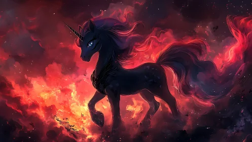 Midnight unicorn strides through embers of a collapsing sky