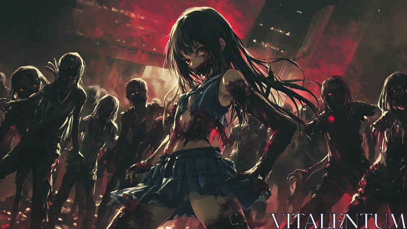 Bloodlit schoolgirl queen leading a furious undead storm.