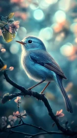 Blue songbird on blossom branch in soft bokeh forest.