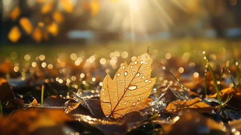 Golden morning leaf sparkling with dewdrops in soft sunlight.