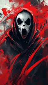 Hooded skull wraith screams amid violent red brushstrokes
