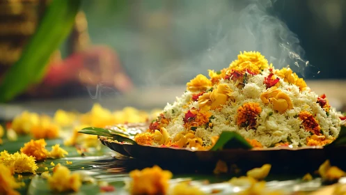 Floral offering mound on banana leaf with drifting incense smoke.