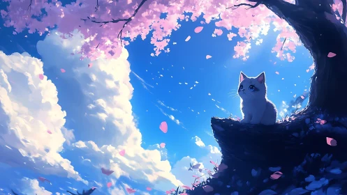 White kitten under cherry tree against vivid blue sky.
