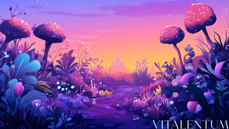 Enchanted alien forest glows beneath a dreamy twilight sky