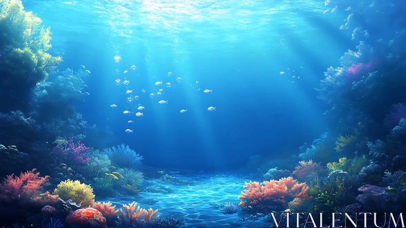Sunlit coral valley cradling drifting silver fish shoals.