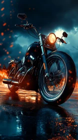 Custom cruiser motorcycle glows against stormy night sky.