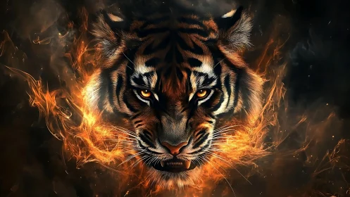 Tiger visage encircled by blazing flames in dark void.