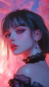 Digital portrait shows stylized woman in neon dusk lighting