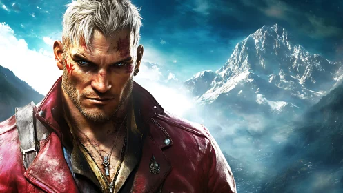 Battle-scarred warrior in red jacket before icy mountainscape.