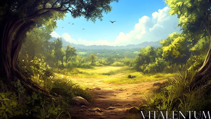 Forest Valley Landscape with Mountain Vista and Wildlife.