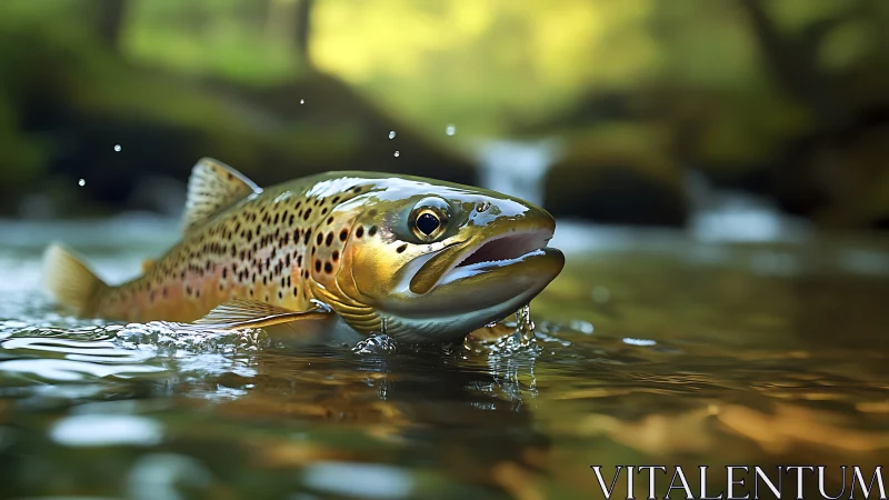 Brown trout breaking water surface in high-speed photorealism