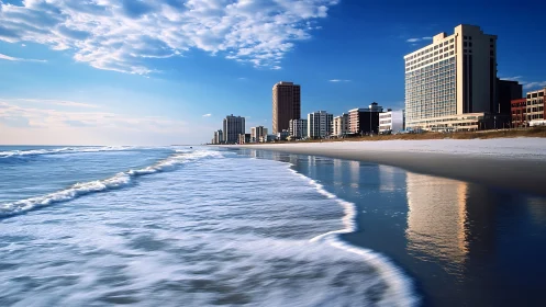 High rise oceanfront skyline with reflective wet shoreline at dawn
