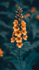 Orange flower spike photographed with teal background bokeh.